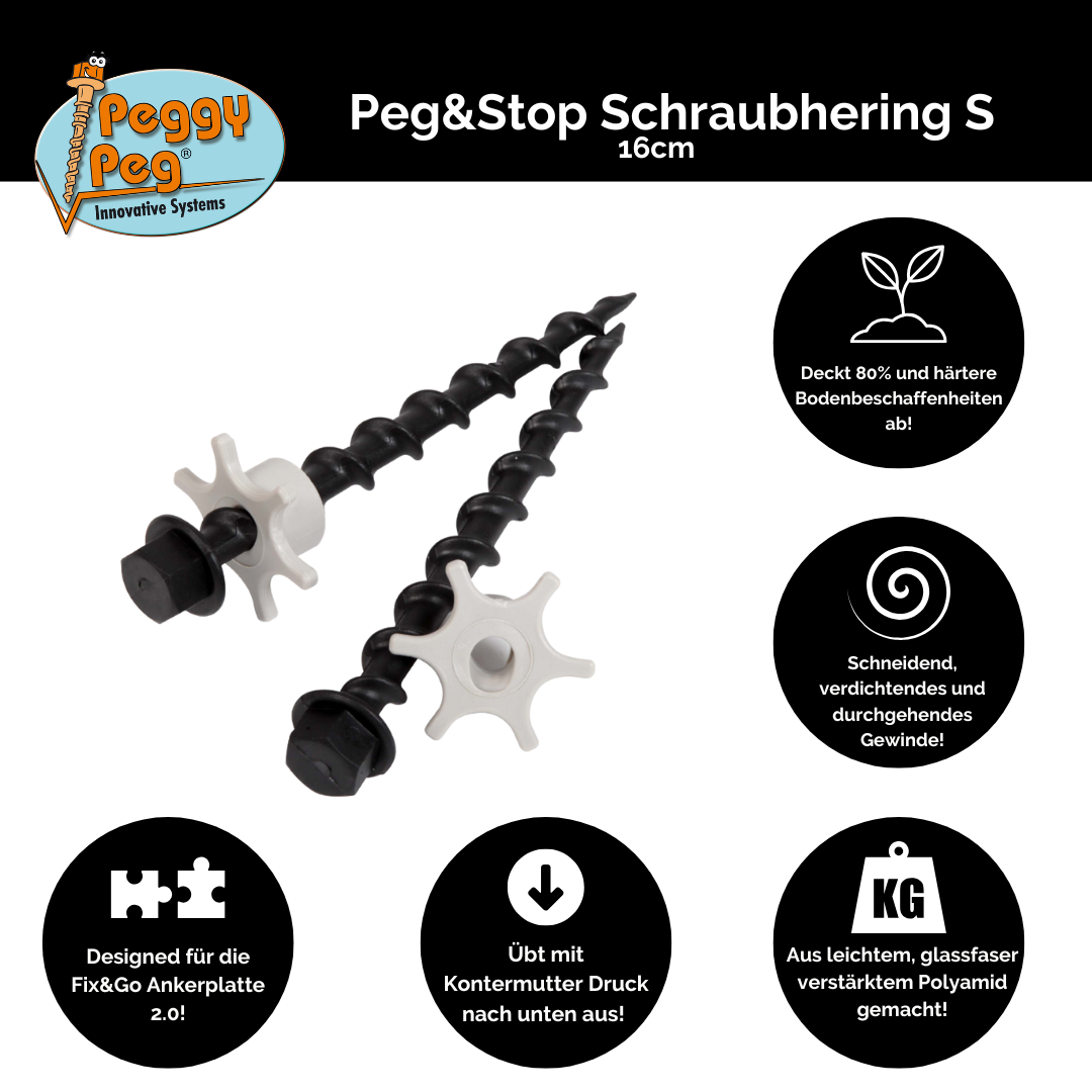 Schraubhering Peg&Stop Small (P&S S) 16cm schwarz • 6er-Pack (PP01BK) • für alle Ankerplatten