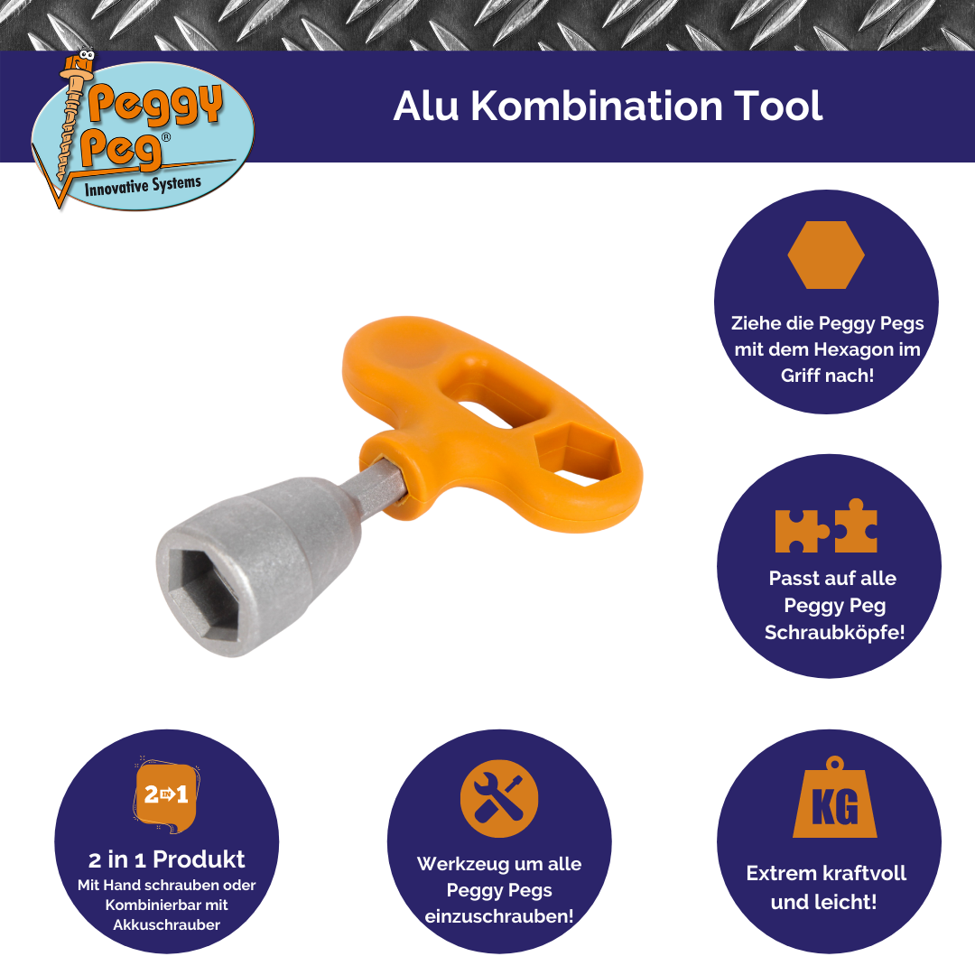 Kombi Tool Alu • 2-teilig (HP68) • Aluminium Schraubwerkzeug für alle Peggy Peg Schraubheringe