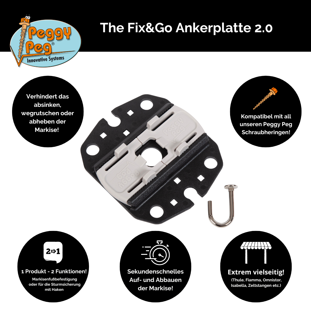 Fix&Go Anker Platte 2.0 schwarz • Einzelteil (PP16BK) • Thule Omnistor, Dometic & Fiamma Markisen-Anker Platte (Obelink Füße passen nicht!)