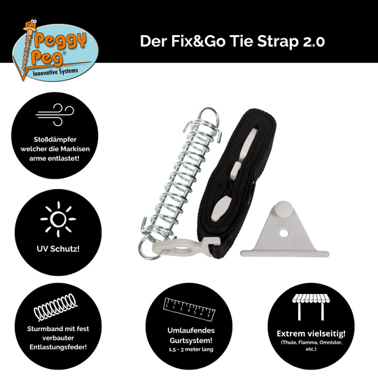 Tie Strap 2.0 (1,5-3m) schwarz • Einzelteil (PP25BK) • verstellbarer Markisenspanngurt (Thule Omnistor, Dometic, Fiamma, etc.)