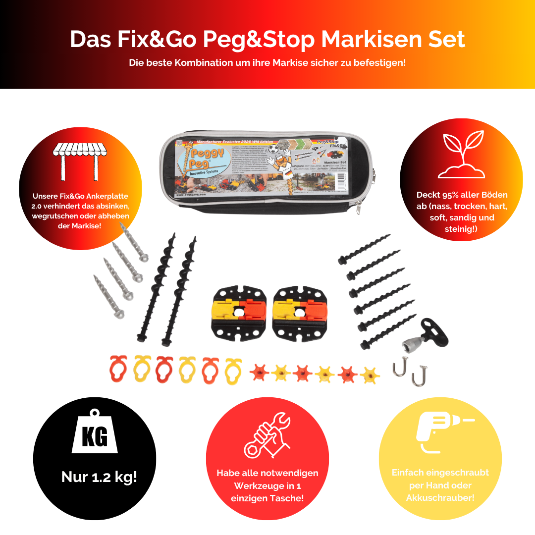 Fix&Go Peg&Stop Markisen Set schwarz rot gelb • limitierte WM Edition • Set inkl. Tasche (PP99BK-CWC)